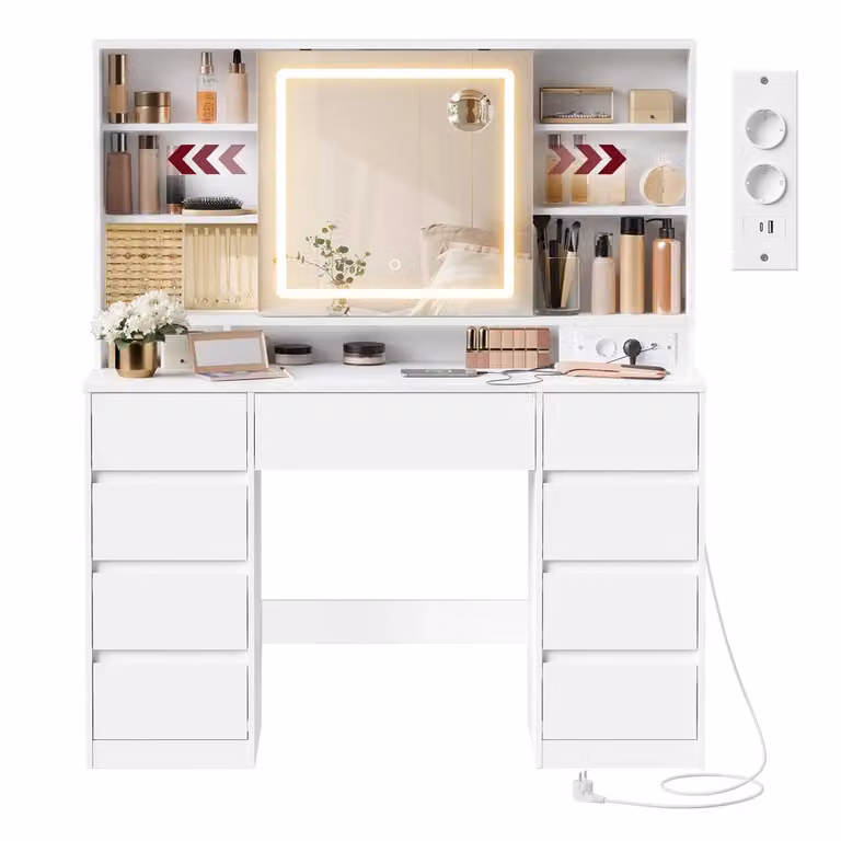 KAILYN Collezione - Toeletta con specchio LED multipresa e nove cassetti