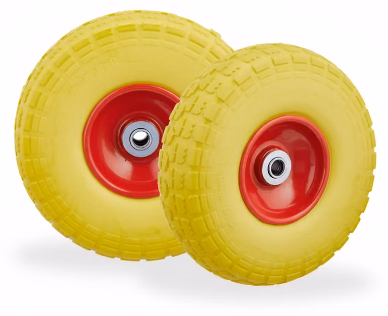 8 ruote per carrello a mano, pneumatici in gomma piena anti-foratura, 4.1/3.5-4, asse da 16 mm, portata fino a 150 kg, A x P: 26 x 8,5 cm, giallo/rosso