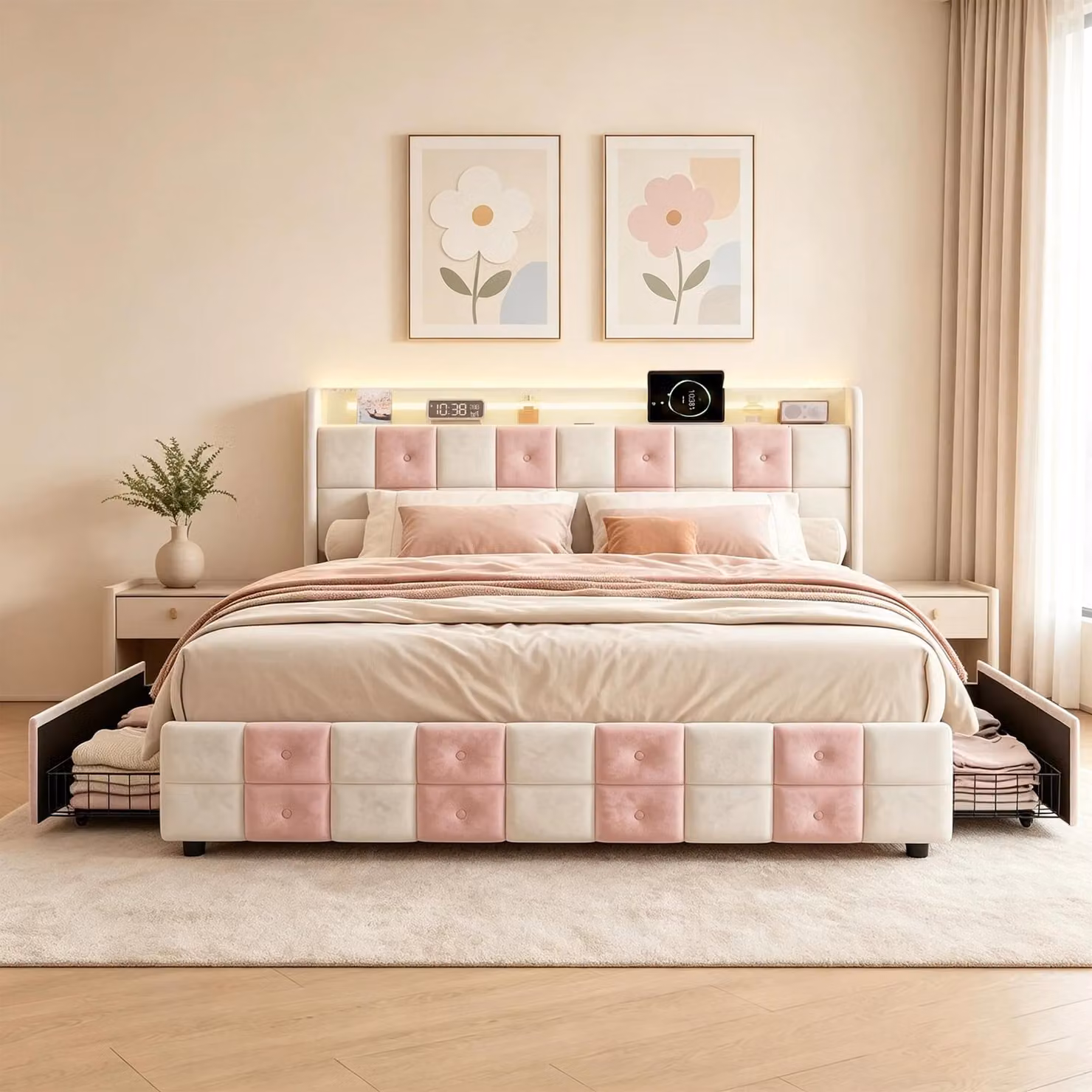 Letto imbottito - Letto matrimoniale - 140 x 190 cm - 4 cassetti - Spazio contenitivo - Rivestimento in velluto - Struttura a listelli - Bianco/Rosa