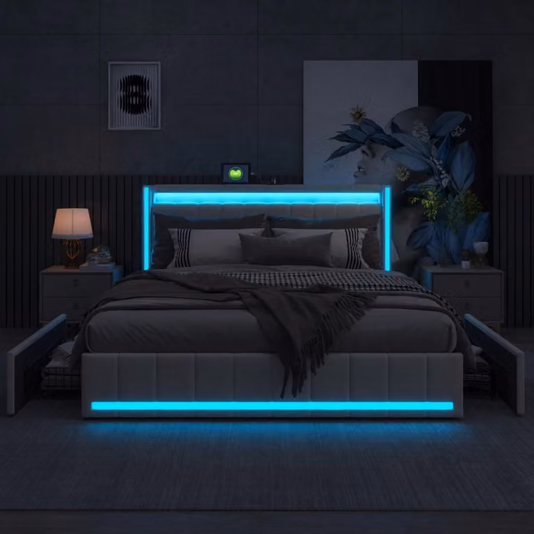 Letto matrimoniale 140x200 cm con contenitore, dotato di 4 cassetti, illuminazione LED e porta USB-C, struttura con rete a doghe, rivestito in lino color beige