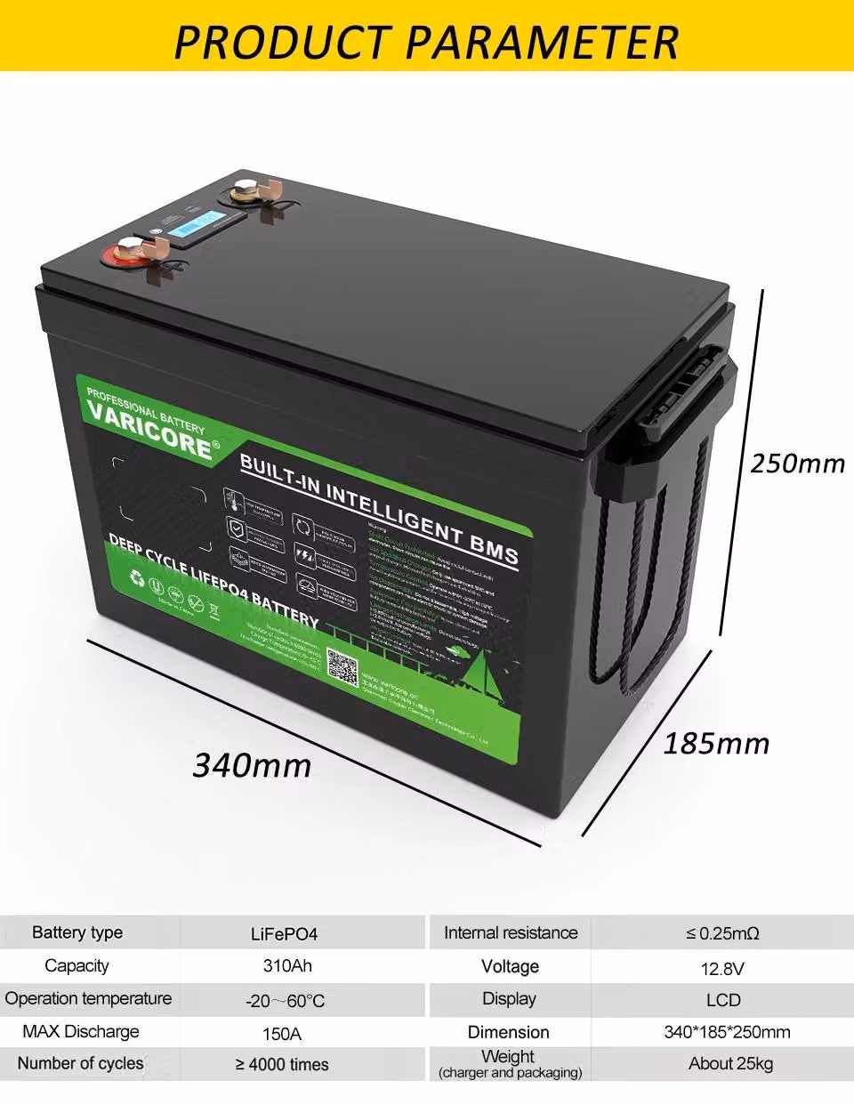 Batteria LiFePO4 - 12 V 200 Ah - Litio a ciclo profondo - BMS integrato da 20 A - Display LCD - Per camper, barche e impianti solari