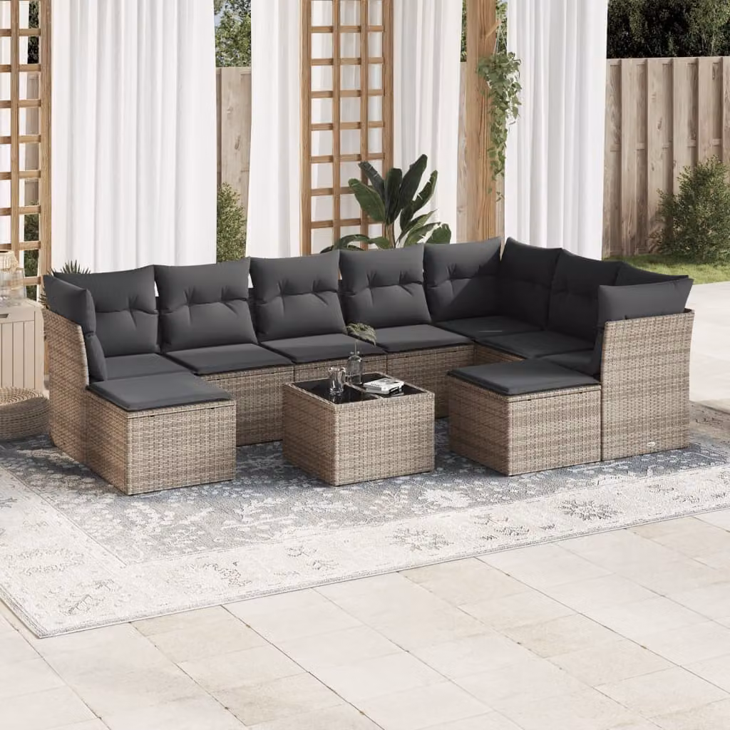 vidaXL Set Divano da Giardino 10 pz in Polyrattan Grigio con Cuscini e Tavolino da Esterno
