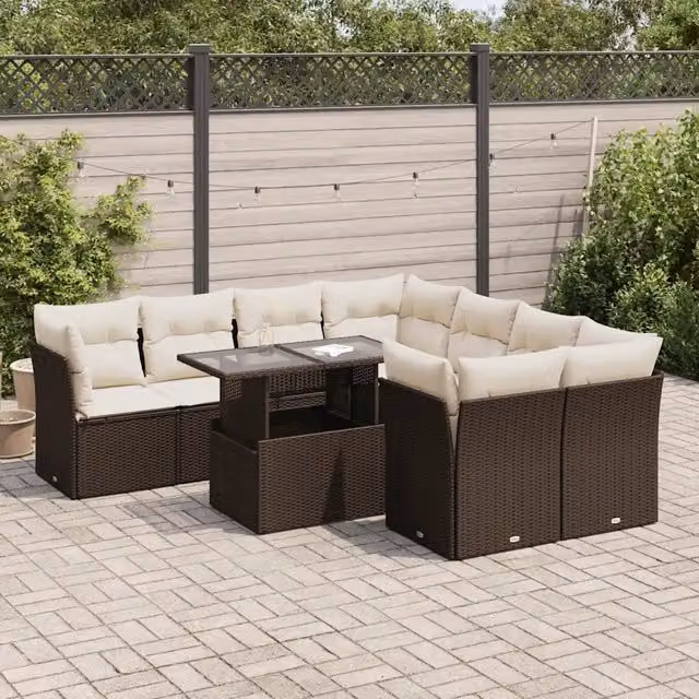 Set Divani da Giardino 9pz con Cuscini Marrone in Polyrattan 3326134
