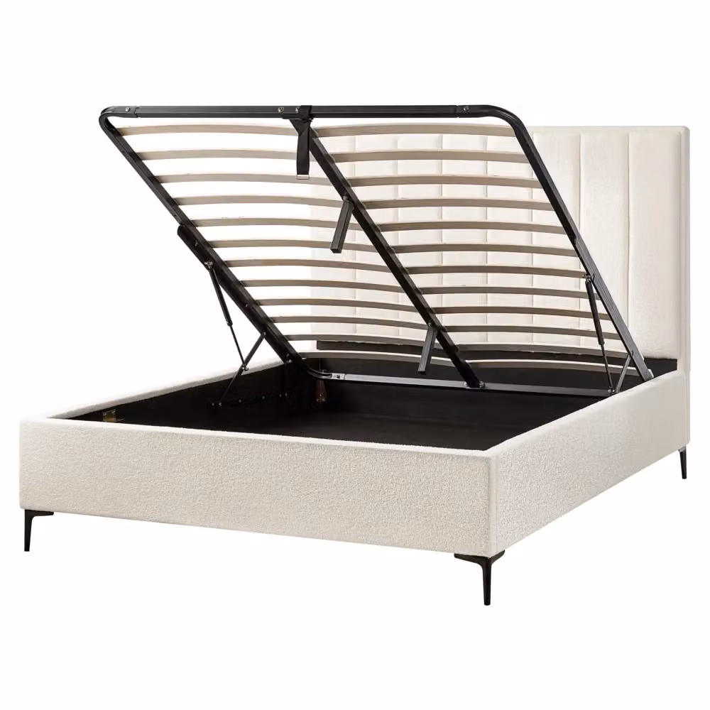 Letto Matrimoniale con Contenitore BELIANI in Tessuto Bouclé Bianco, L/P: 160 x 200 cm – 2