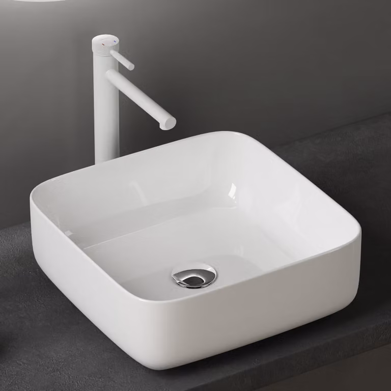 doporro Lavabo da Appoggio in Vetroceramica Lavabo Lavandino Bagno Quadrato con Bordo Sottile 38,5x38,5x14 cm Bianco Lucido Lavamani Lavello senza Foro Rubinetto per Guardaroba Bagno Brš¹ssel106