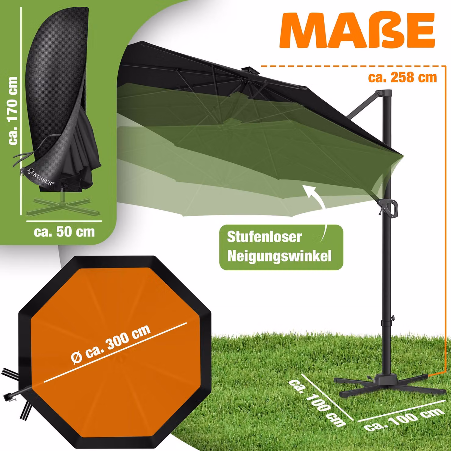 KESSER® Parasole per pergolati, modello SUN, diametro 330 cm, regolabile in 7 posizioni, rotazione a 360°, include copertura