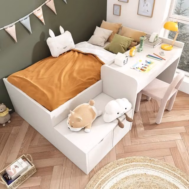 Letto per bambini singolo 90 × 200 cm con scrivania, 2 cassetti e vano contenitore, senza materasso, bianco