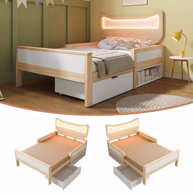 Letto Singolo 90x190 cm per Bambini con LED; Testiera a Gatto e Cassetto; Legno Massello; Bianco e Rovere