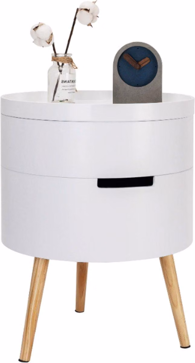 Comodino Happyment Deluxe - Rotondo - Bianco - Camera da letto - Scrivania - Legno - 38x38x49 cm