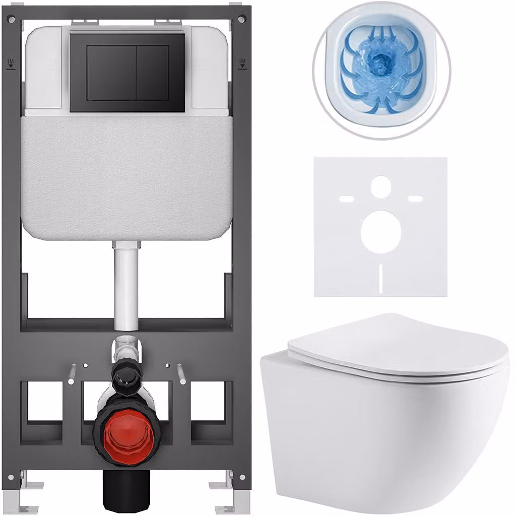 Set completo per WC a pavimento "Cesso" - bianco opaco - pulsante Prime/Maxio, nero - modello autoportante - installazione a parete/con pannelli di cartongesso - 49x36 cm