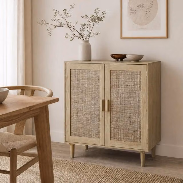Mobile contenitore in rattan naturale e legno beige con due ante e ripiani aperti in stile scandinavo