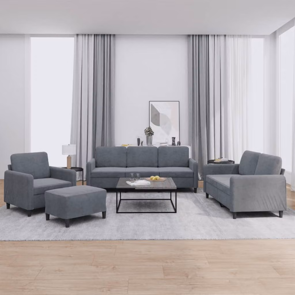 Set di divani 4 pezzi vidaXL in velluto grigio con pouf e cuscini per soggiorno moderno – 1