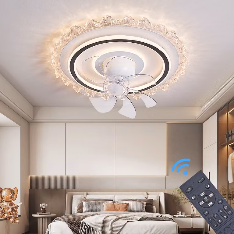 Ventilatore da soffitto con illuminazione a LED e telecomando Colore della luce/luminosità regolabile 6 velocità, timer 2 ore Modalità estiva e invernale (Fan1805-YT)