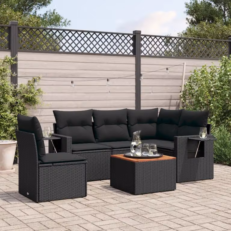 vidaXL Set Divano da Giardino a L 6 pz in Polyrattan Nero con Cuscini Imbottiti e Tavolino