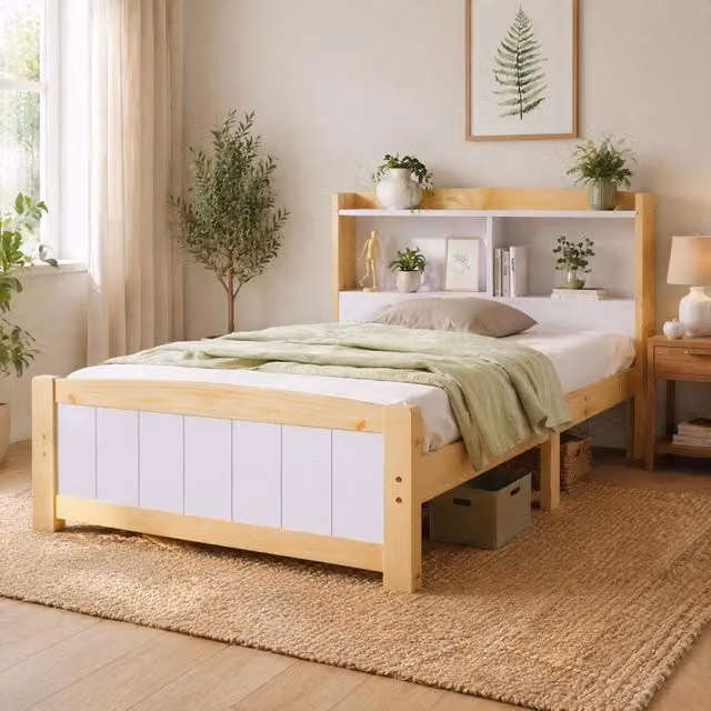 Letto singolo in legno massiccio 90x200 cm con testiera contenitore e rete a doghe, pino naturale e bianco (senza materasso e cassetti)