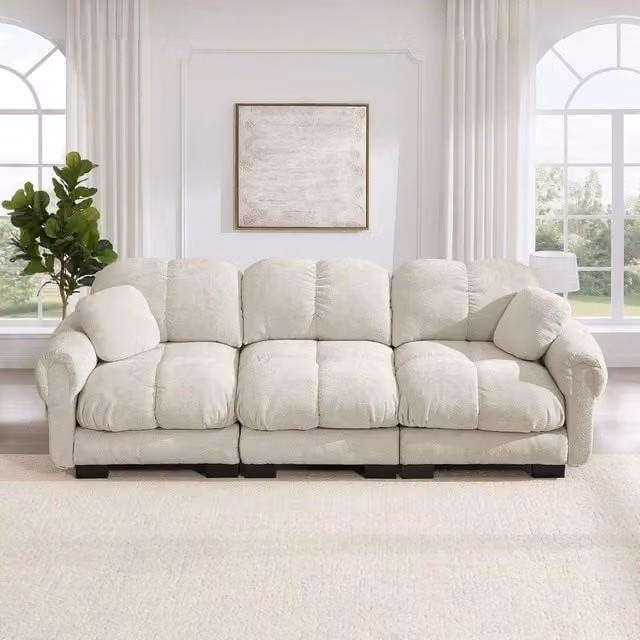 Divano 3 posti Minimal in tessuto trapuntato beige con cuscini per soggiorno