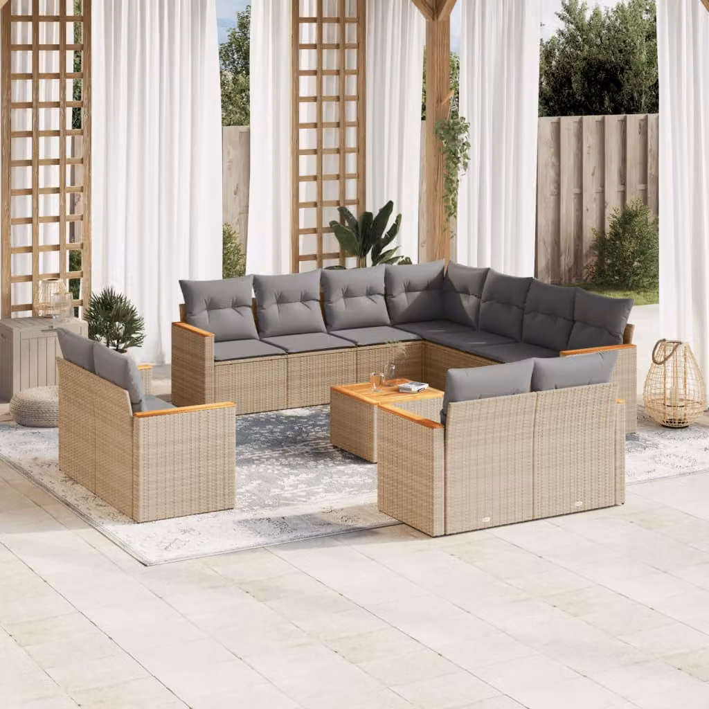 vidaXL Set Divani da Giardino 12 pz in Polyrattan con Cuscini Beige e Tavolino da Esterno – 1
