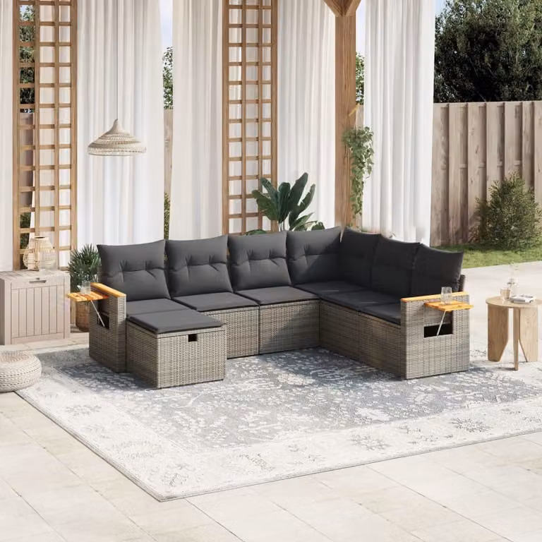 vidaXL Set Divani da Giardino 7 pz a L con Cuscini Grigio in Polyrattan e Acciaio