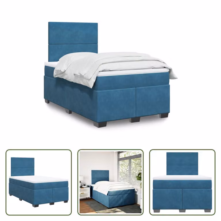 The Living Store Letto a molle con materasso blu 120x200 cm in velluto