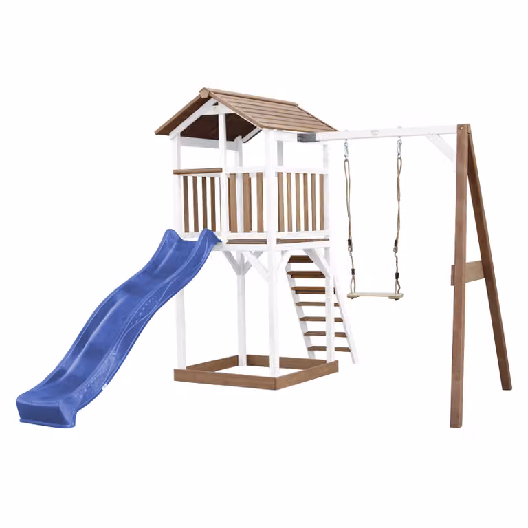 AXI Beach Tower parco giochi in legno in marrone e bianco | Torre di gioco con sabbiera, altalena e scivolo blu | Casa per bambini su palafitte per il giardino