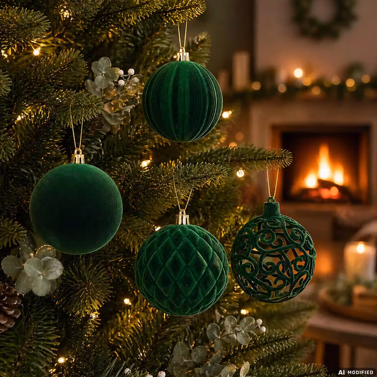 Set di 6 palline di Natale VESTIAMO CASA con effetto velluto, disponibili nei colori verde e rosso, diametro: 10 cm