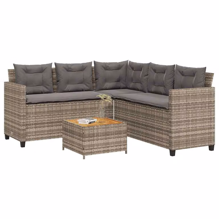 Set da giardino vidaXL a forma di L con tavolo da caffè e cuscini, struttura in metallo e rattan, colore grigio e beige