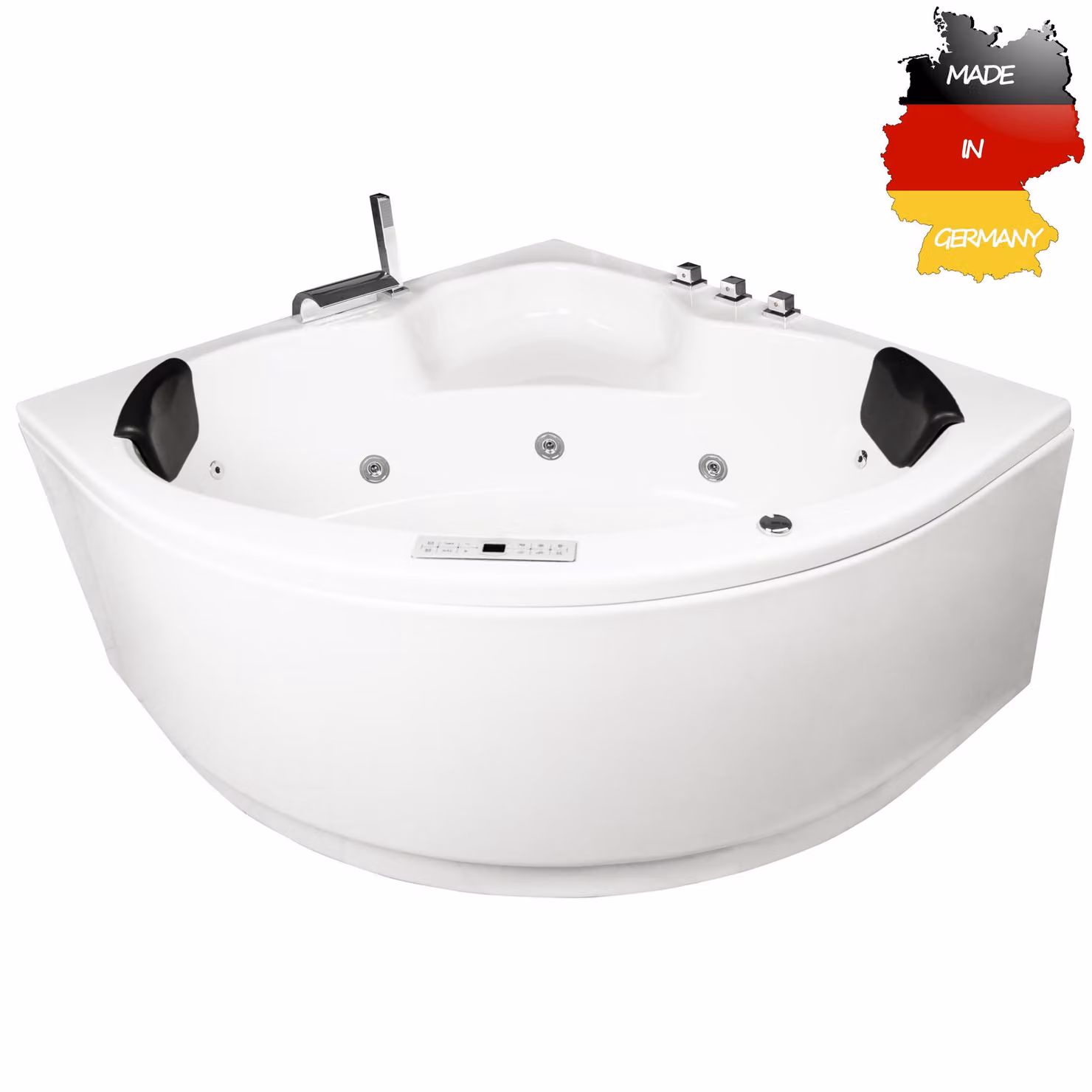 Vasca idromassaggio angolare per interni Basera CLASSIC Maui 130 x 130 cm con 21 getti massaggianti, cascata, ambiente LED, touch panel, Bluetooth e radio