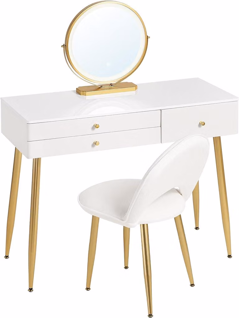 Comò da trucco con specchio illuminato, 3 cassetti e poggiapiedi in velluto | 100x40x122 cm