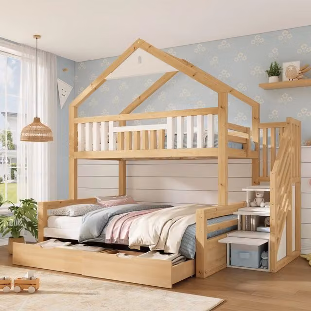 Letto a castello a casetta 90x200 e 140x200 cm in legno bianco e rovere