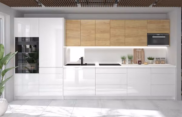 Mobile cucina CARINI con piano di lavoro 406cm HETTICH completamente allungabile fronte bianco hickory bianco naturale lucido