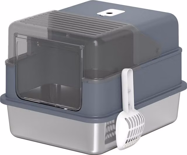 PawHut Lettiera per gatti 2 in 1 in acciaio inox, coperchio rimovibile, bordo alto e paletta, grigio   Aosom Italy