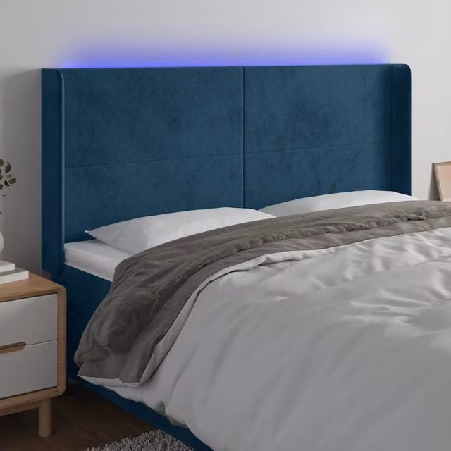 Testiera per letto vidaXL in velluto blu con illuminazione LED e porta di ricarica USB, L: 183 cm, P: 16 cm, H: 118-128 cm – 1