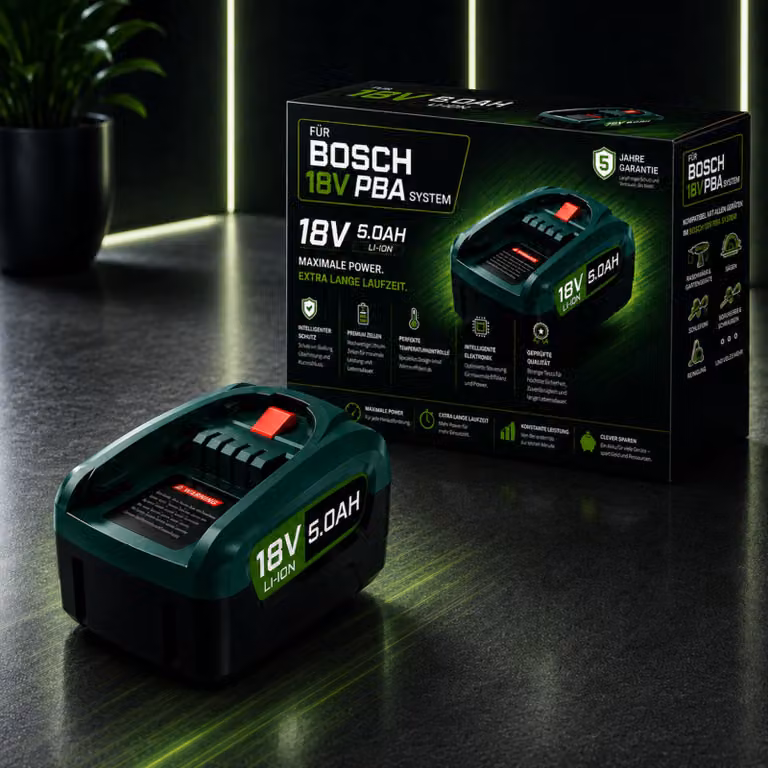 Batteria PowerPlus da 18 V e 5,0 Ah compatibile con il sistema Bosch Home & Garden PBA, PSB e PSR – Batteria agli ioni di litio ad alte prestazioni con indicatore LED – Batteria di ricambio per Gloria ecc.