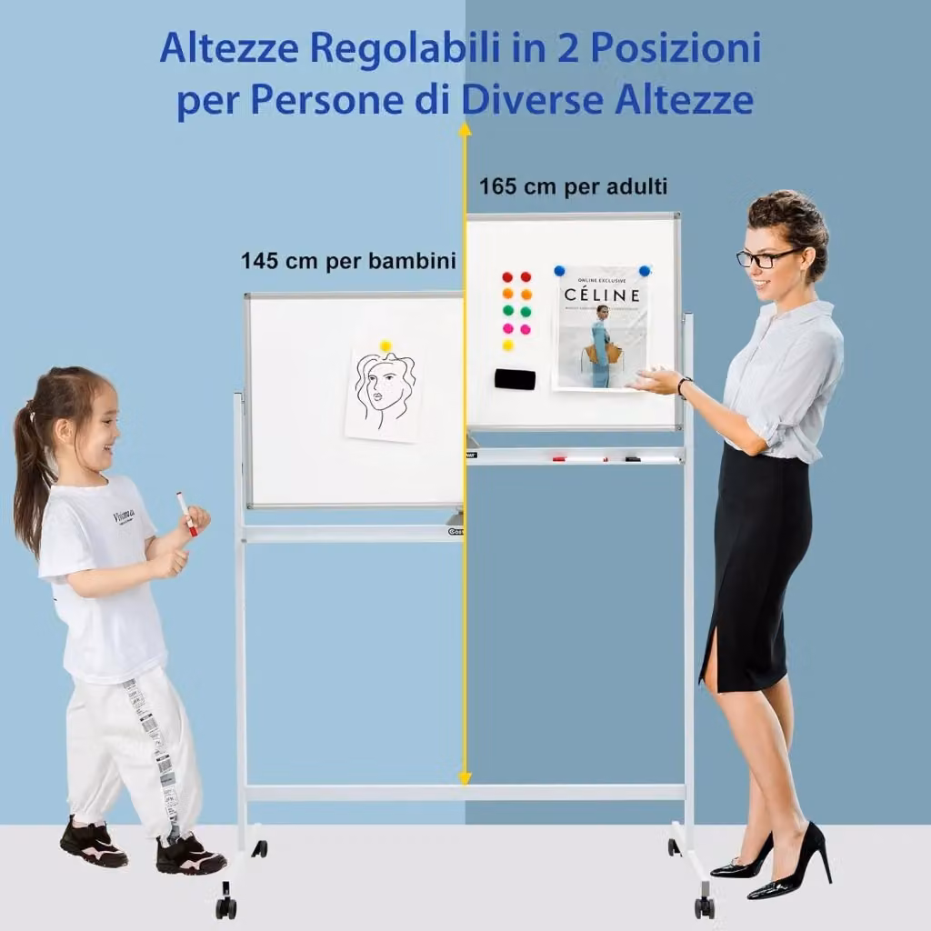Lavagna Bianca Magnetica Doppia Costway con Ruote, Regolabile in Altezza, Colore Bianco – 2