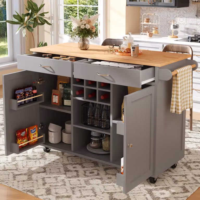 Isola da cucina con spazio contenitivo, dimensioni 102 x 45 x 92 cm, carrello da cucina con portabottiglie e ruote girevoli a 360 gradi, colore grigio, realizzato in metallo e MDF