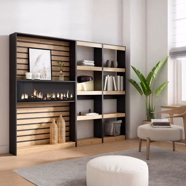 Libreria con camino elettrico SKRAUT HOME per soggiorno o ufficio, colore Rovere e nero, L: 230 cm, P: 25 cm, H: 186 cm – 1
