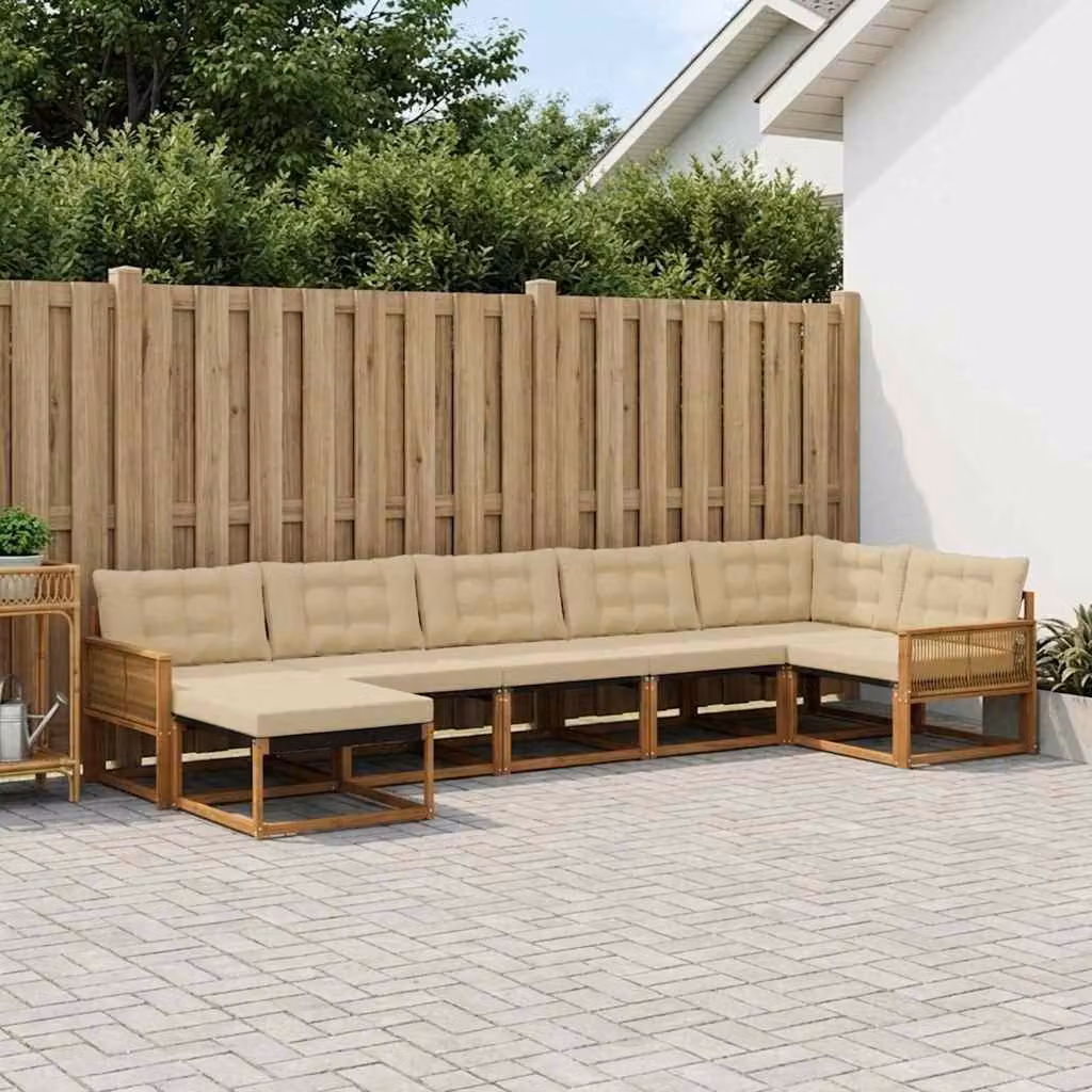 Set di divani da esterno a L vidaXL in legno di acacia con 7 pezzi, colore beige e naturale, comprensivo di pouf e cuscini in tessuto resistenti ai raggi UV