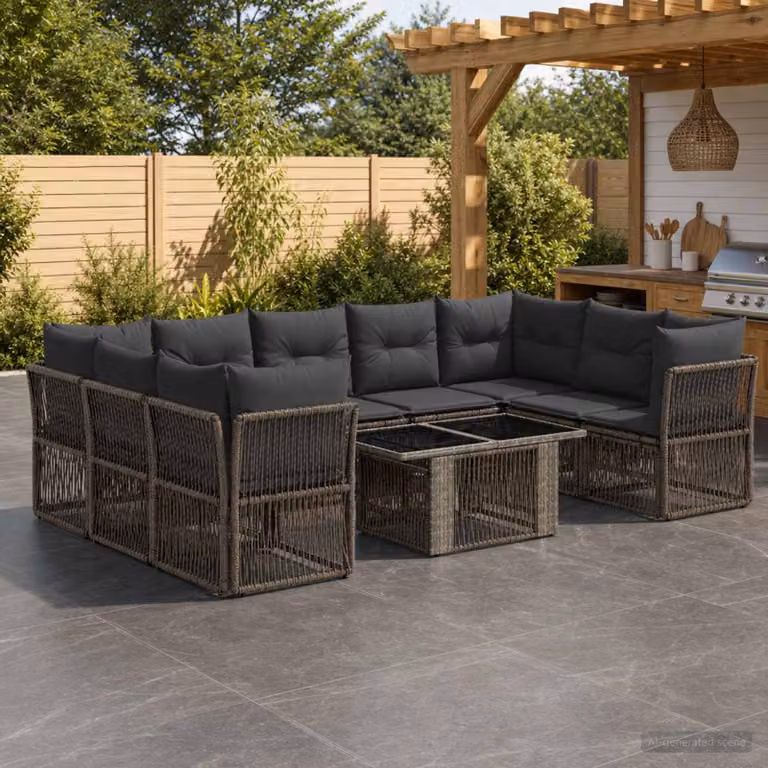 Set Divano da Giardino vidaXL 10 Pezzi in Polyrattan Grigio con Cuscini e Tavolino da Esterno a Forma di U