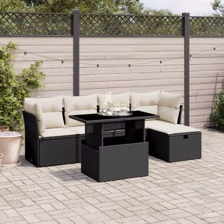 Set Divano da Giardino a L vidaXL 6 pz con Cuscini e Tavolino, Nero e Bianco, in Polyrattan con Struttura in Acciaio Verniciato a Polvere