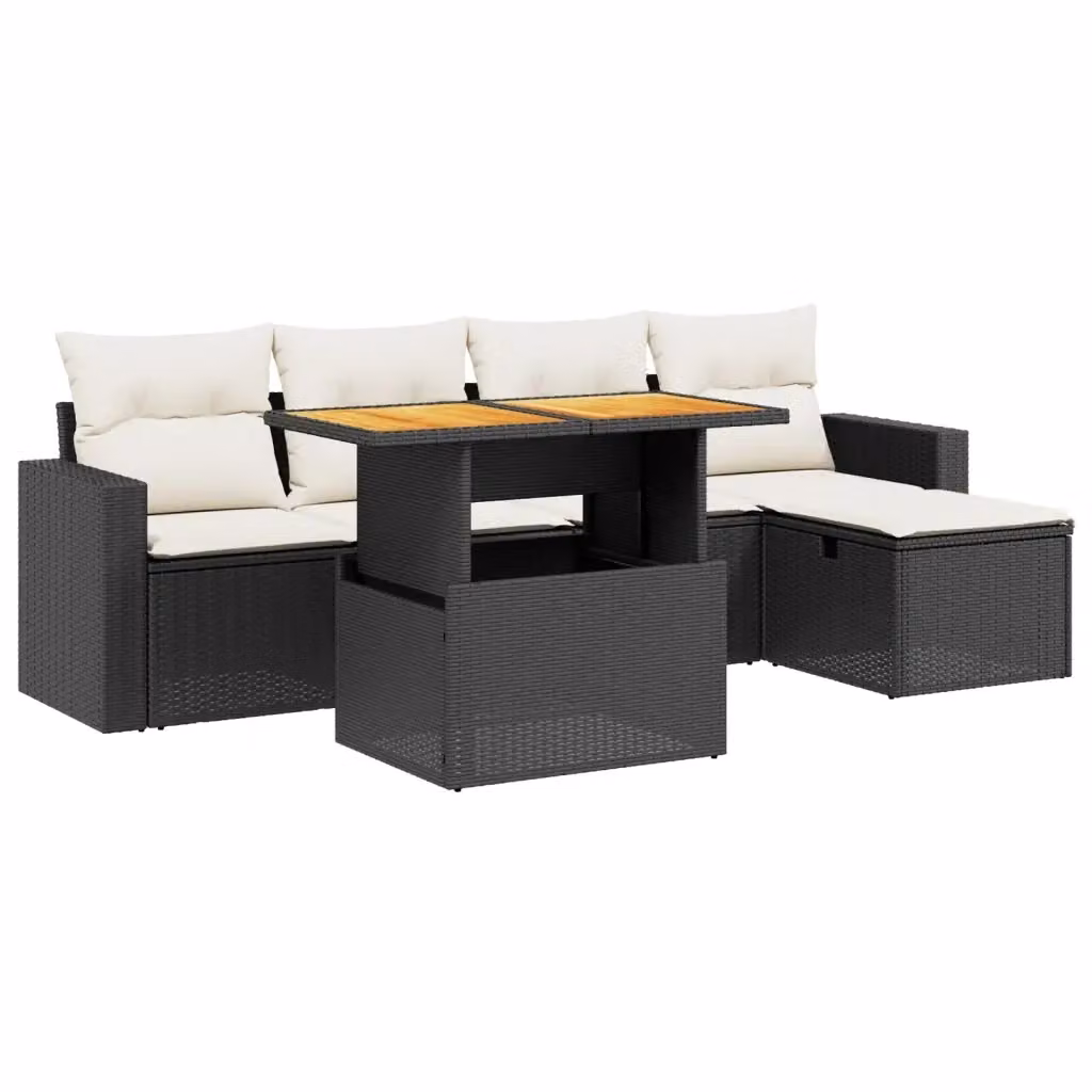 Set Divano da Giardino vidaXL 6 pz in Polyrattan con Cuscini, Tavolino e Ottoman, Design Moderno L-Shape, Nero e Bianco – 2
