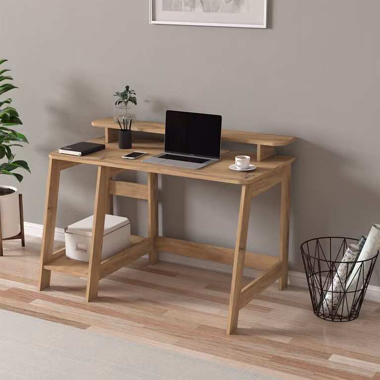 Skye Decor, scrivania di alta qualità, legno di quercia, 120 x 73 x 60 cm | Pannello di particelle rivestito in melamina al 100%, spessore 18 mm | Dotata di numerosi ripiani, montabile a parete, design scandinavo.