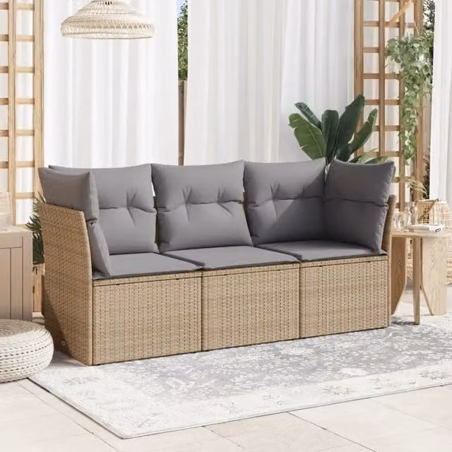 Set Divano da Giardino 3 pz con Cuscini-Sofa da Giardino-Divanetto da esterno Beige in Polyrattan 686468
