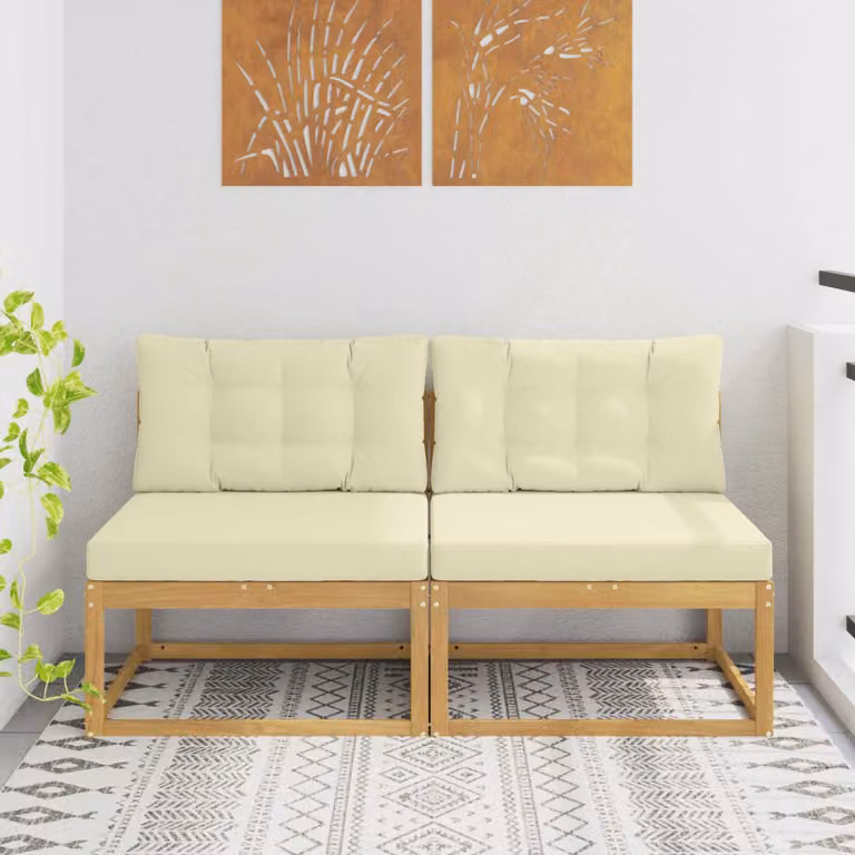 Set di 2 pezzi di divani centrali da esterno vidaXL in legno di acacia trattato con cuscini in tessuto bianco, beige o marrone per giardino e terrazza