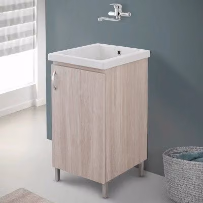 Mobile lavatoio in ceramica bianca con strofinatoio e finitura olmo L: 45 cm, P: 50 cm, H: 83 cm