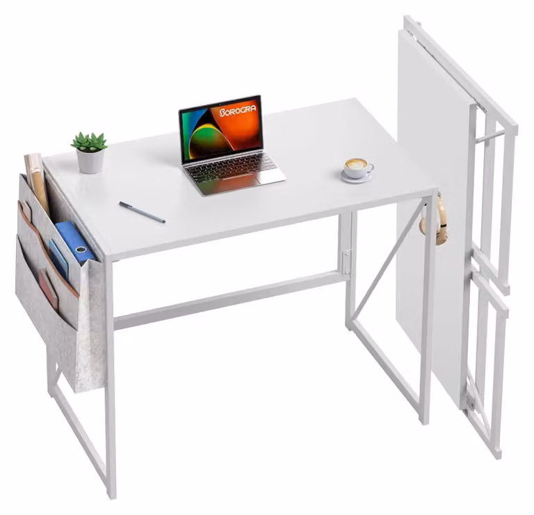 Scrivania pieghevole - Scrivania per computer - 80 cm - Tasca laterale e ganci - Salvaspazio - Struttura in metallo robusta - Montaggio semplice - Bianco