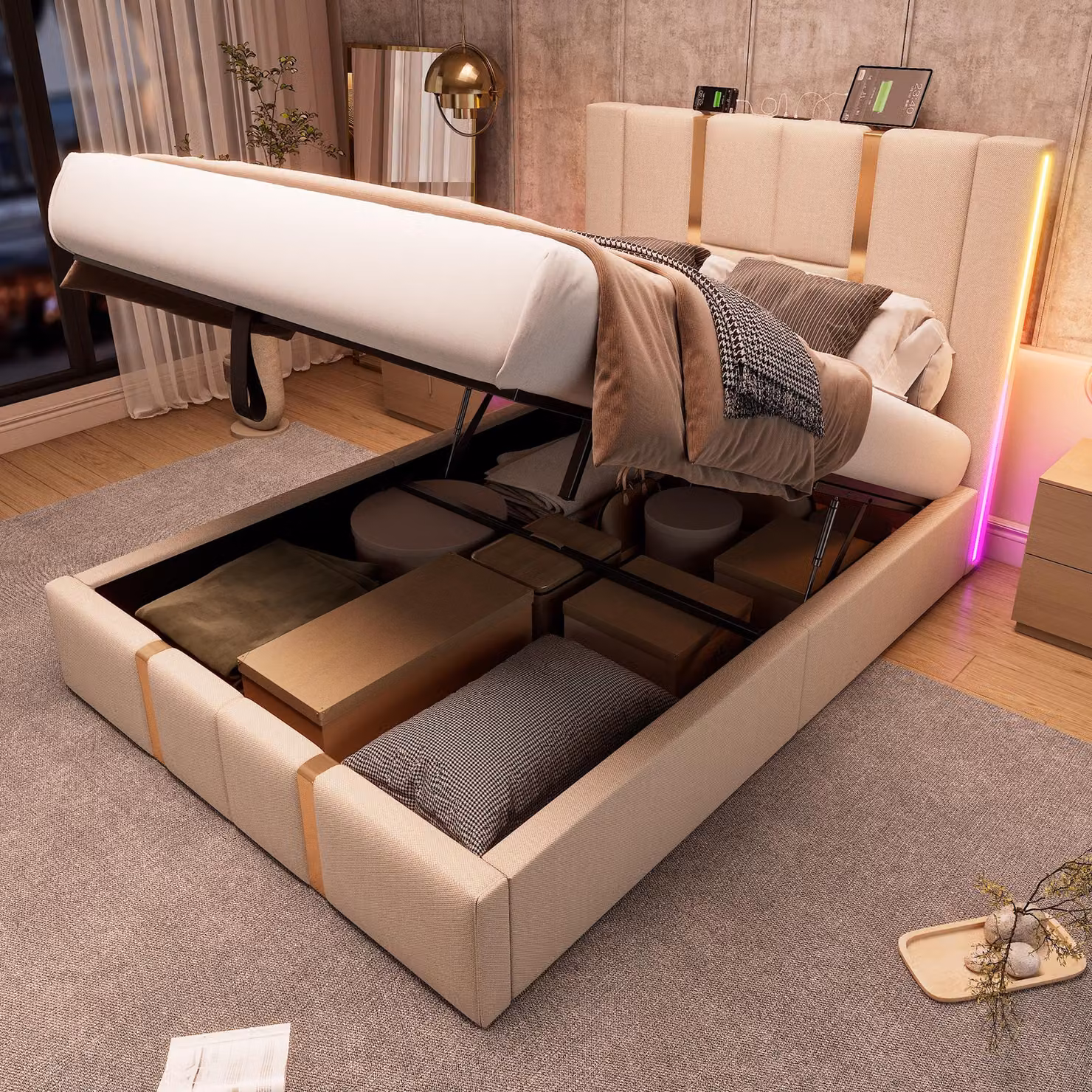 Letto imbottito idraulico Flieks 90x200cm con USB e tipo C, letto a molle insacchettate con LED, letto singolo per ragazzi con rete a doghe, lino, beige