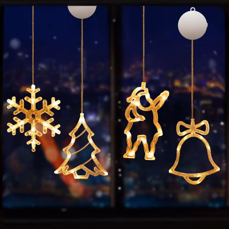 Set di 4 luci a LED per finestre, con motivi natalizi, alimentate a batteria, colore bianco