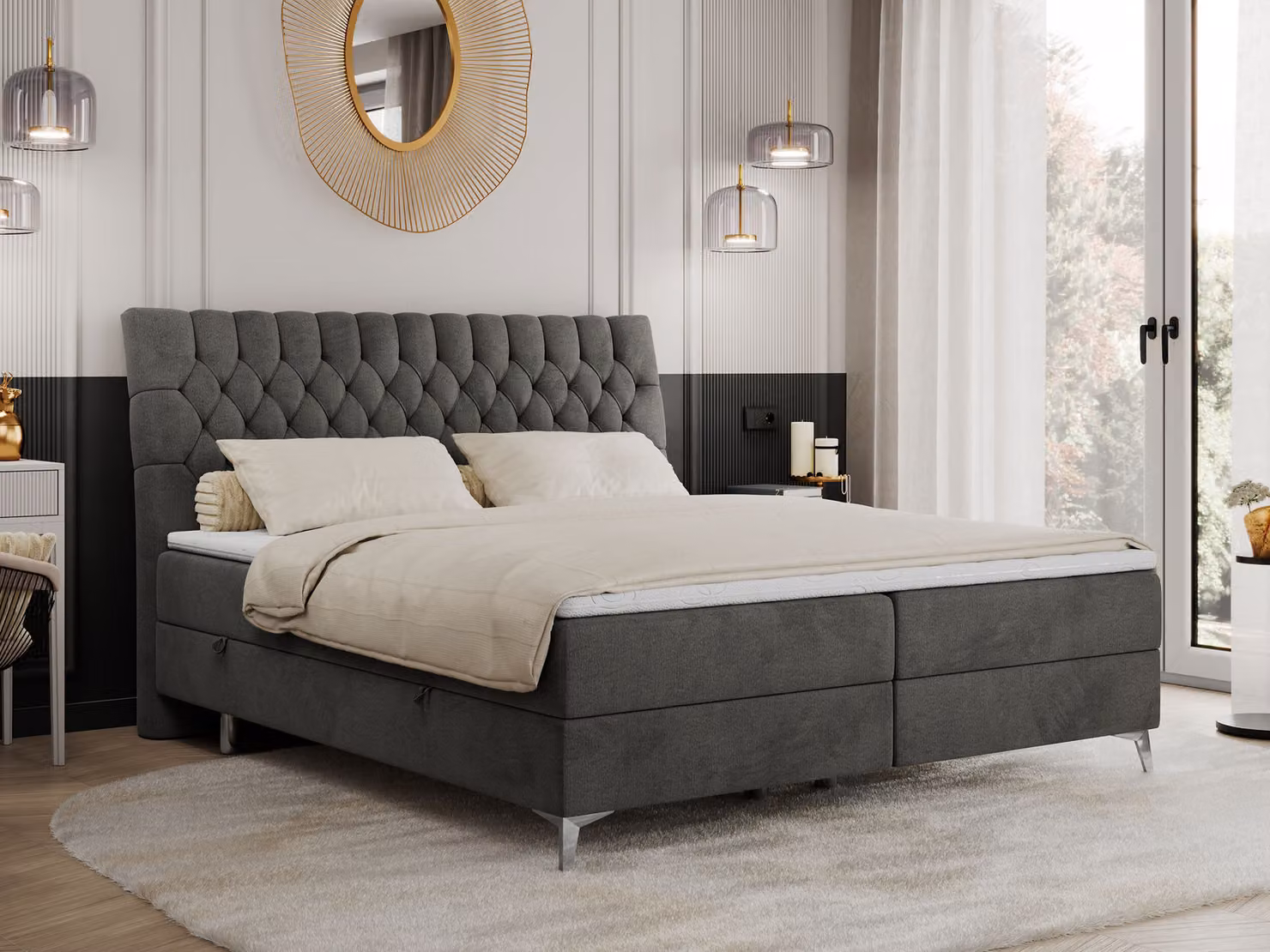 Letto con rete a molle 160x200 con 2 contenitori per biancheria, materasso e topper, letto imbottito 160x200, letto 160x200 - MILEN - 160x200 cm - Grigio scuro - Velluto - Durezza H3