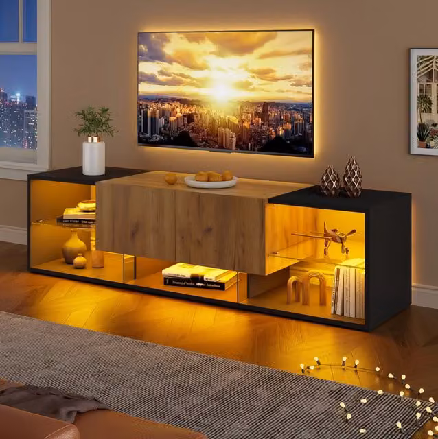 Mobile TV a 3 Ripiani con LED e 2 Cassetti, Porta TV 160x40x42 cm per TV fino a 70", Nero e Legno Naturale