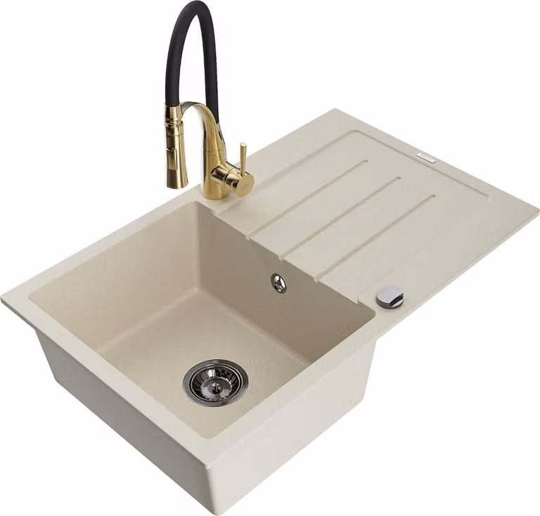 Mexen Bruno lavello da cucina in granito 1-vasca con gocciolatoio e miscelatore Aster, beige - 6513-69-73450-57-B